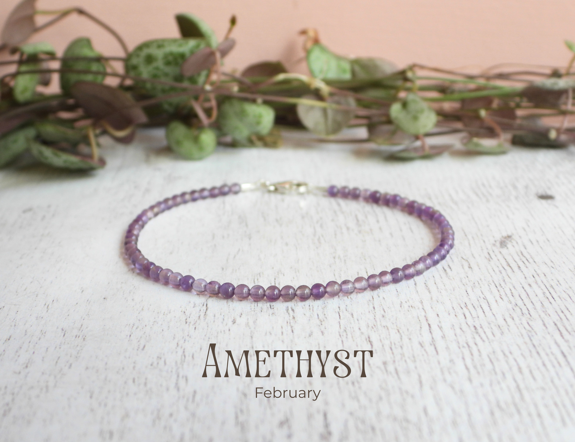 dainty amethyst February birthstone beaded bracelet, handmade by Ula Jewellery