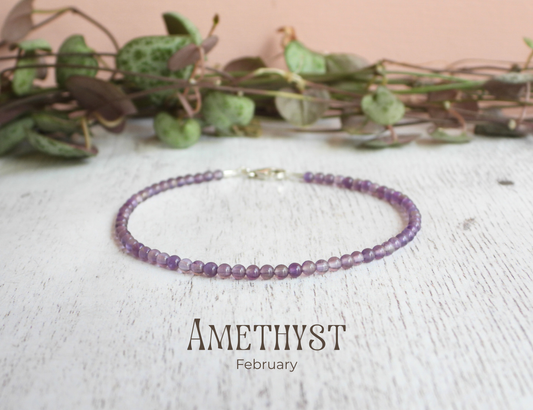 dainty amethyst February birthstone beaded bracelet, handmade by Ula Jewellery