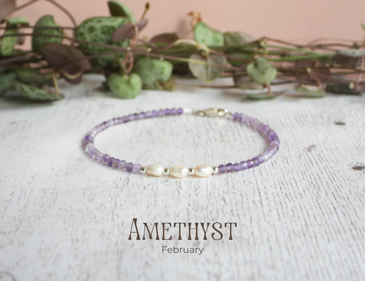 dainty amethyst and freshwater pearl beaded birthstone bracelet