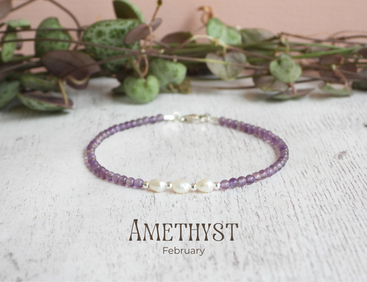 Dainty Amethyst and Pearl Gemstone Bracelet | February Birthstone | Round Beads