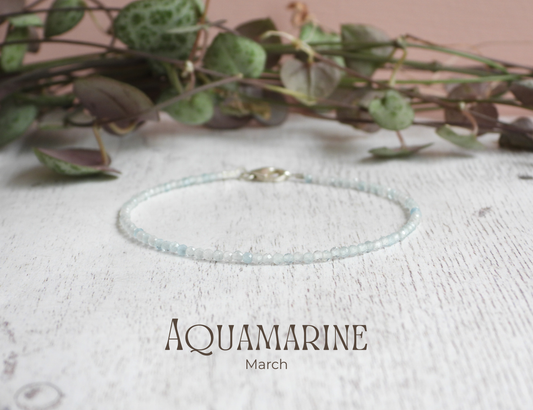 dainty aquamarine march birthstone 2mm beaded bracelet with silver 925 clasp