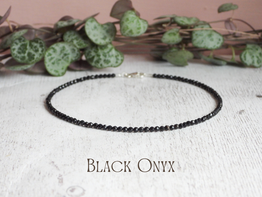Dainty Black Onyx "Protection" Gemstone Anklet | Faceted Beads