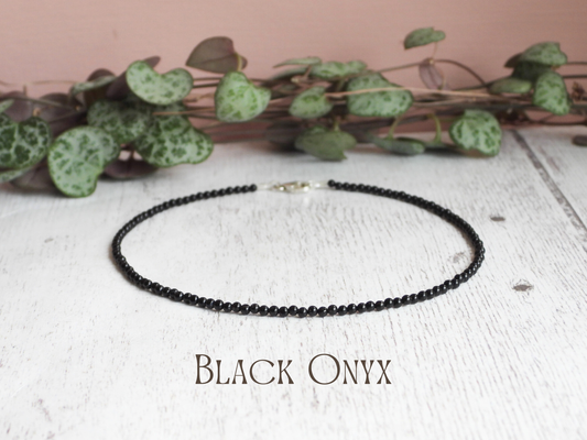 Dainty Black Onyx "Protection" Gemstone Anklet | Round Beads