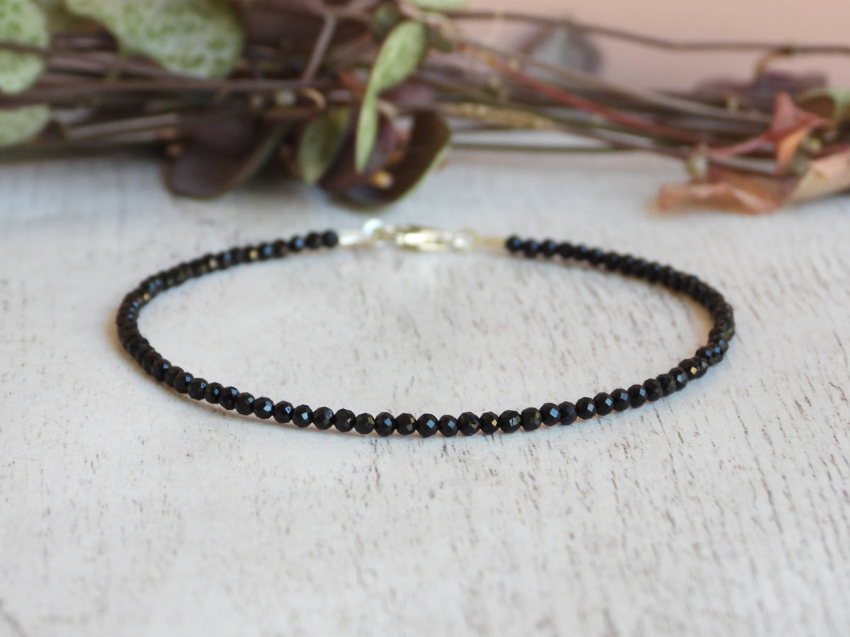 Dainty Black Tourmaline Gemstone Bracelet | Sterling Silver | Handmade