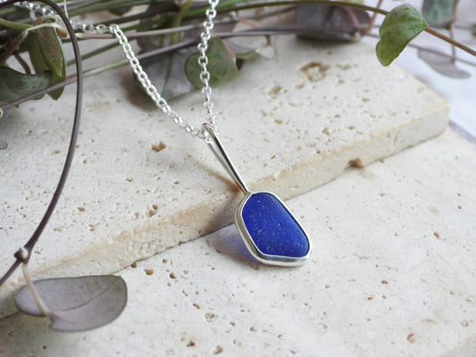 Dainty Cornish Blue Sea Glass Necklace | Handmade Sterling Silver 925 | Gyllyngvase Beach
