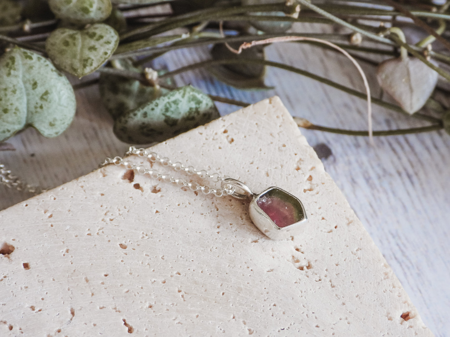 Super Dainty Watermelon Tourmaline Charm Necklace | October Birthstone