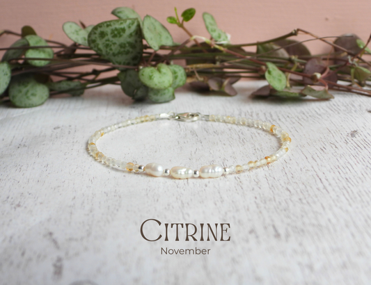 dainty citrine gemstone and freshwater pearl handmade beaded bracelet with solid silver clasp