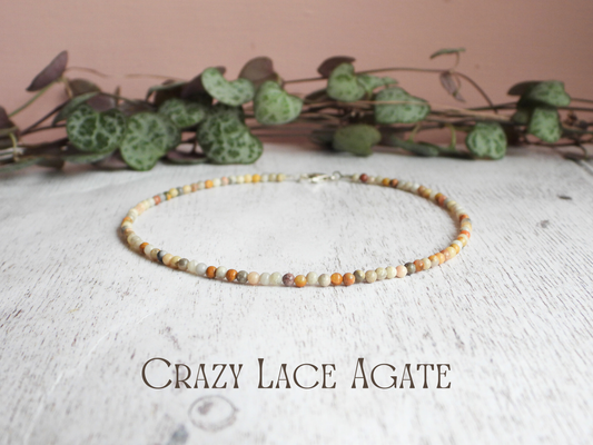 Dainty Crazy Lace Agate "Laughter" Gemstone Anklet | Round Beads