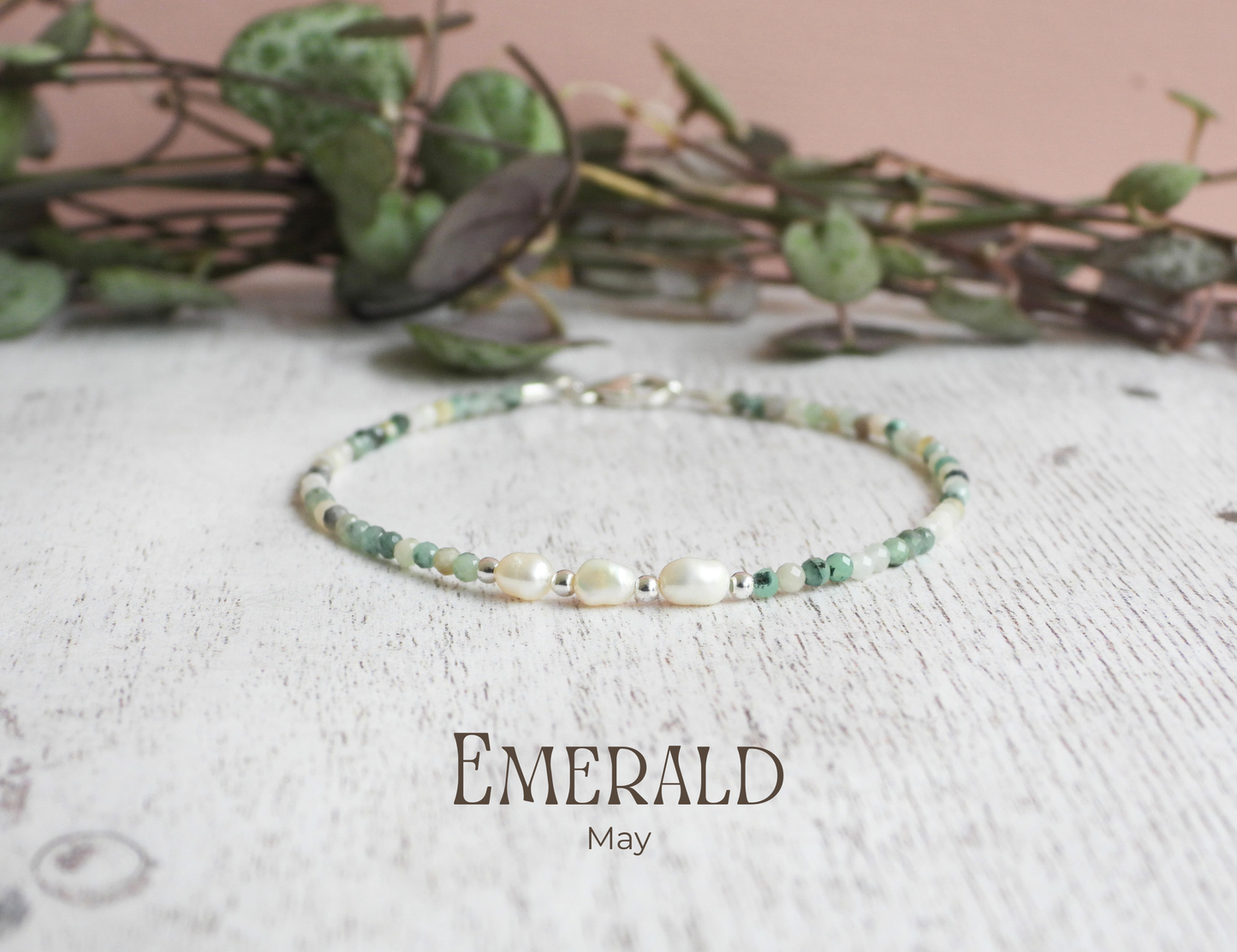 Dainty Emerald and Pearl Gemstone Bracelet | May Birthstone | Faceted Beads