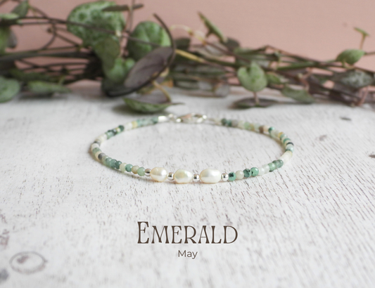 Dainty Emerald and Pearl Gemstone Bracelet | May Birthstone | Faceted Beads