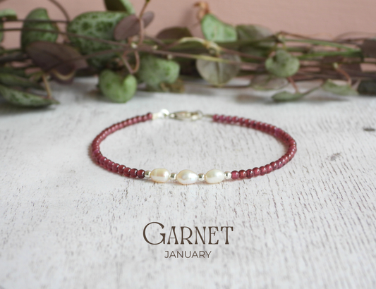 Dainty Garnet and Pearl Gemstone Bracelet | January Birthstone | Round Beads