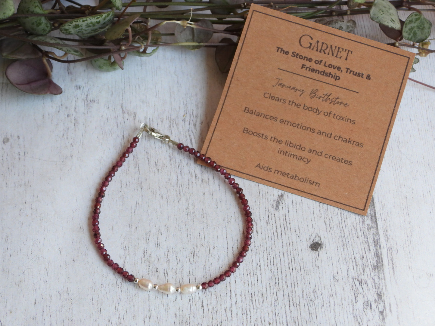 dainty garnet and pearl birthstone bracelet with sterling silver clasp