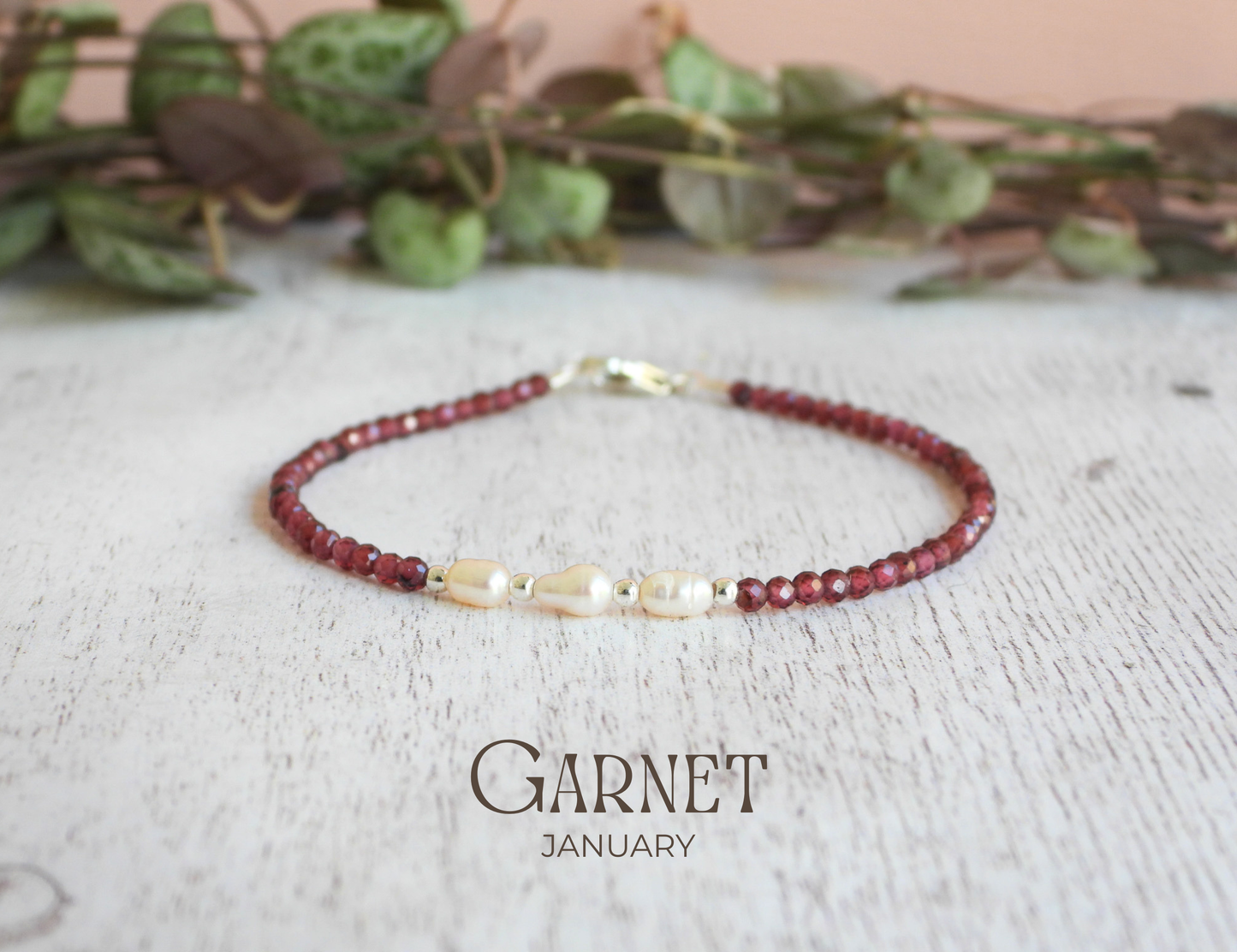 dainty garnet and freshwater pearl birthstone bracelet for January