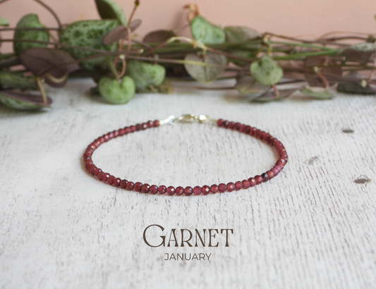 dainty natural garnet gemstone bracelet, handmade with 2mm January birthstone