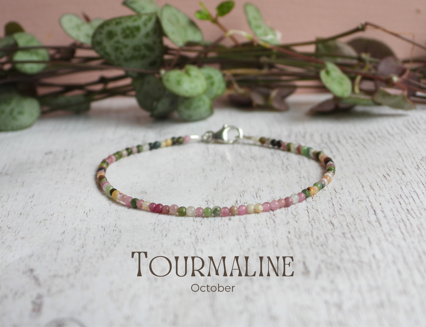 dainty tourmaline gemstone beaded bracelet with October birthstone and silver clasp