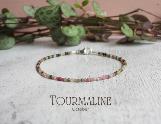 dainty tourmaline gemstone beaded bracelet with October birthstone and silver clasp