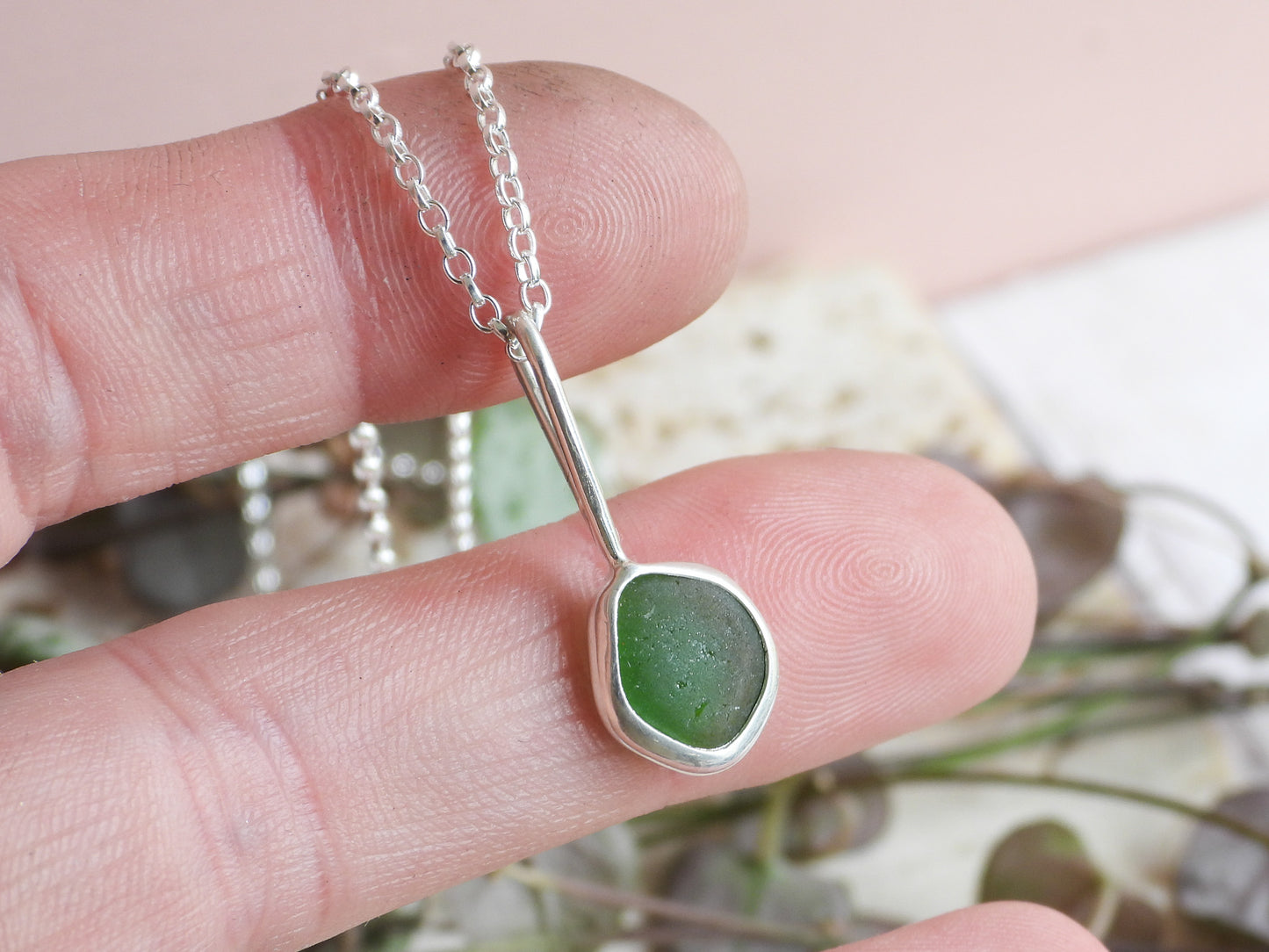 Dainty Cornish Green Sea Glass Necklace | Handmade Sterling Silver 925 | Praa Sands Beach