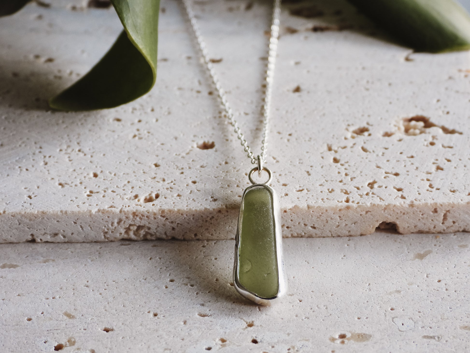minimalist green cornish seaglass and sterling silver necklace 