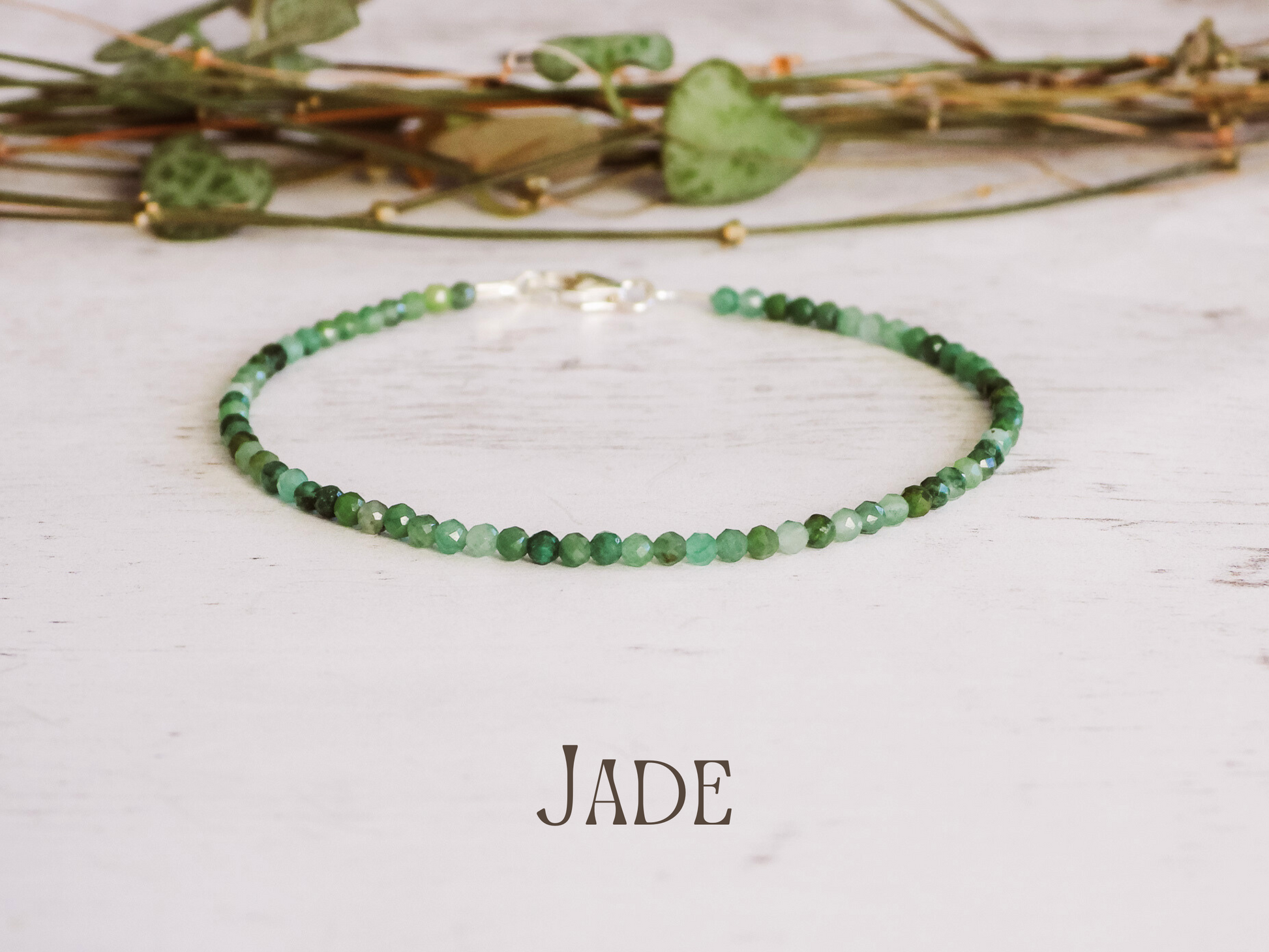 dainty green jade gemstone beaded bracelet with sterling silver clasp