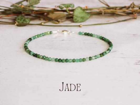 dainty green jade gemstone beaded bracelet with sterling silver clasp