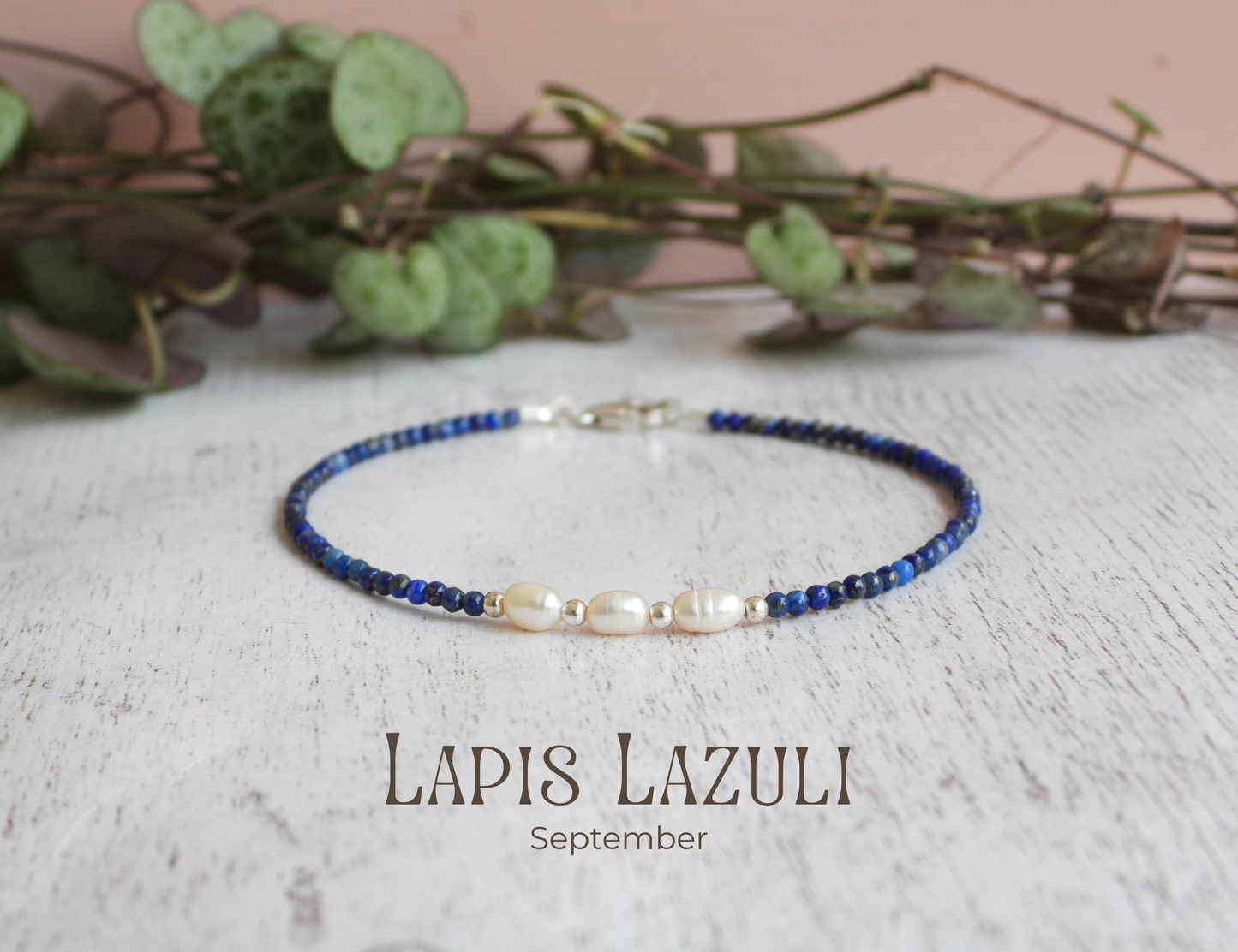 dainty lapis lazuli gemstone and pearl handmade beaded bracelet