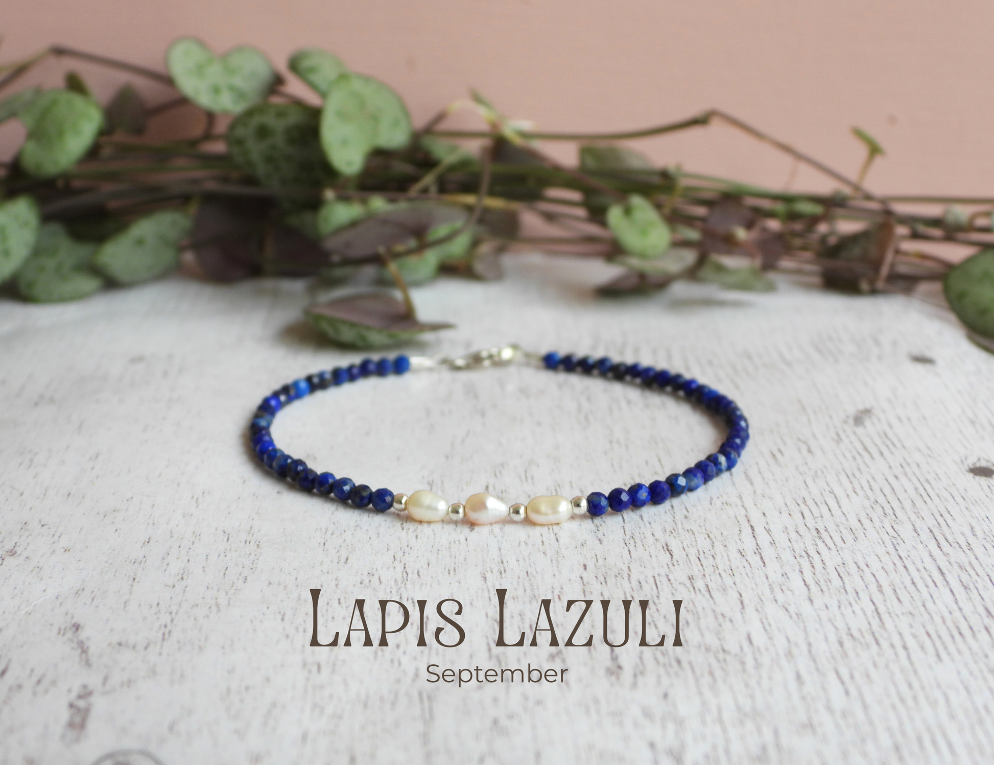 dainty lapis lazuli gemstone and pearl beaded bracelet handmade in Cornwall