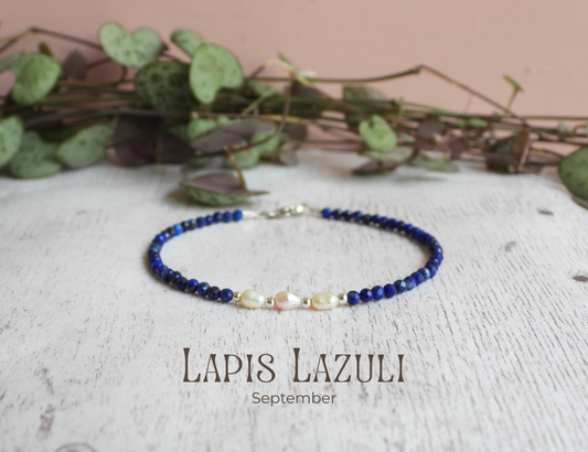 dainty lapis lazuli gemstone and pearl beaded bracelet handmade in Cornwall