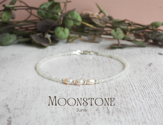 dainty rainbow moonstone and pearl handmade gemstone bracelet