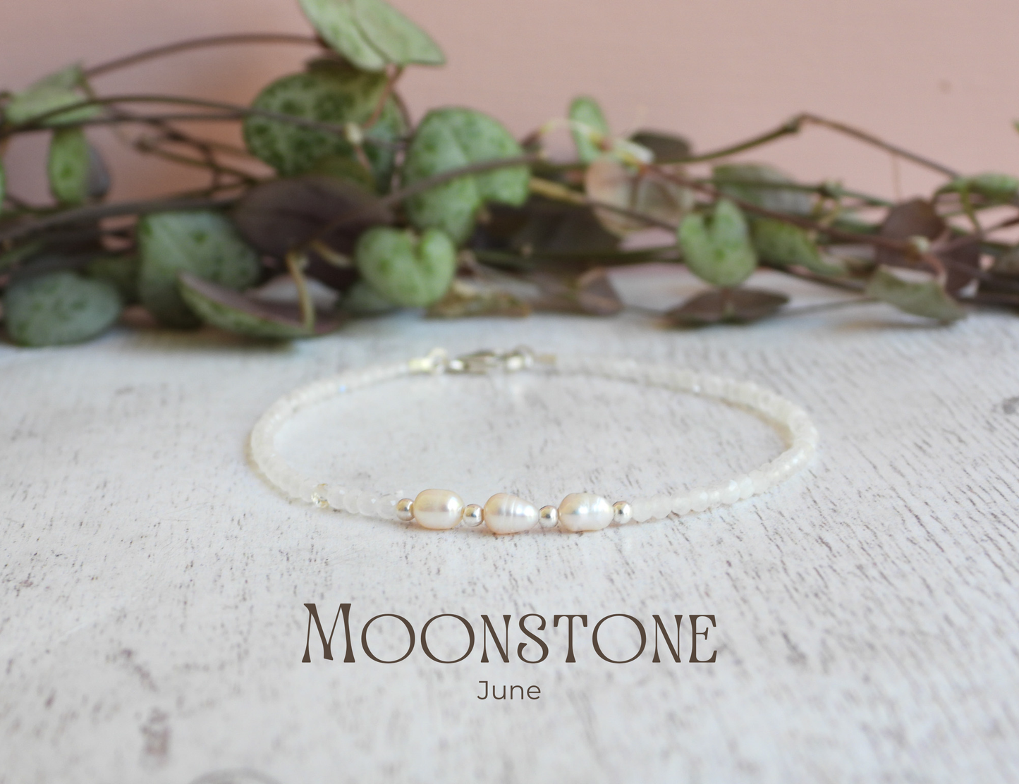 dainty rainbow moonstone and freshwater pearl beachy handmade stacking bracelet