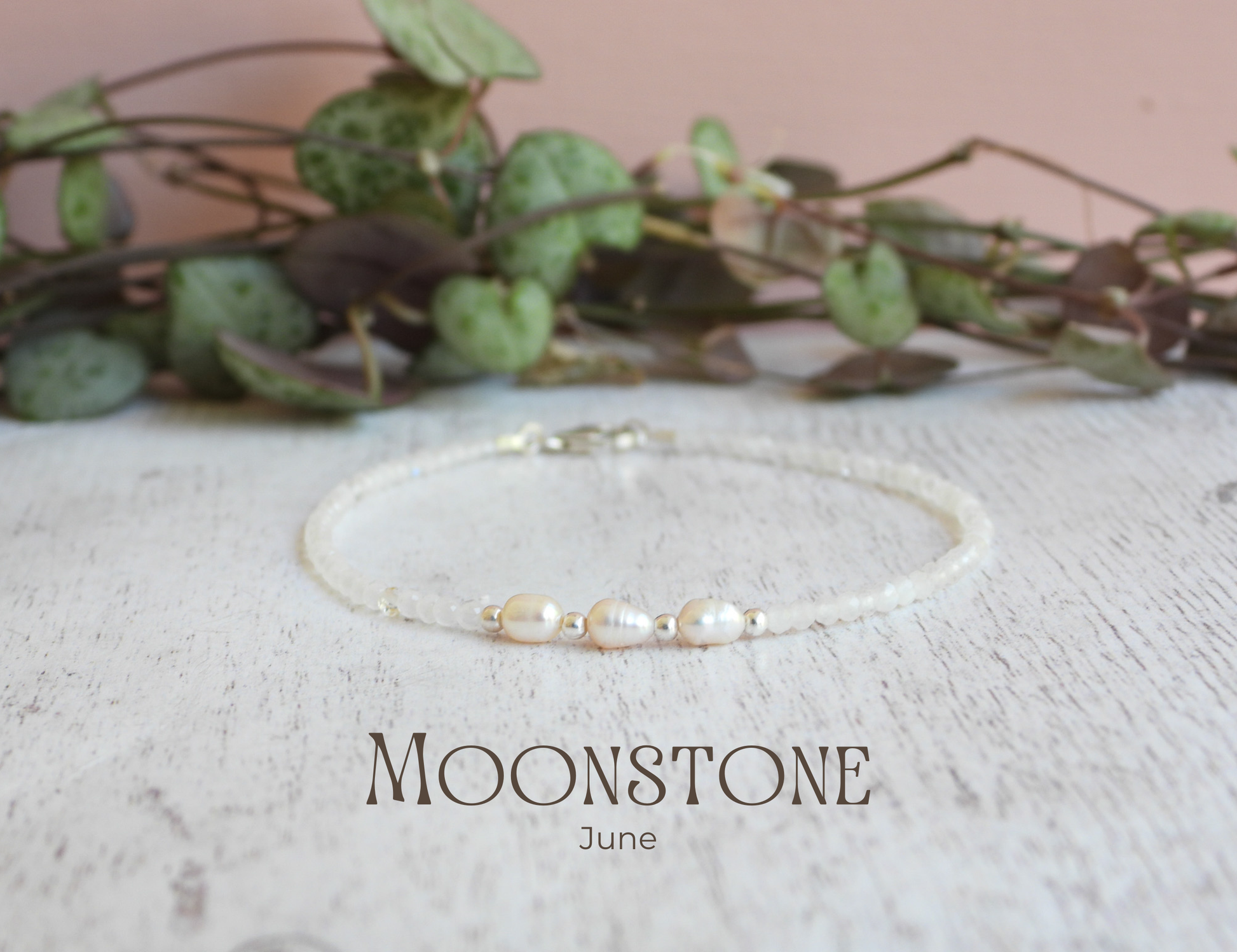 dainty rainbow moonstone and freshwater pearl beachy handmade stacking bracelet