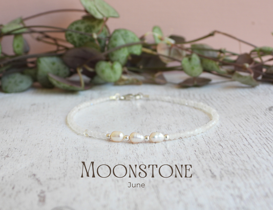 dainty rainbow moonstone and freshwater pearl beachy handmade stacking bracelet