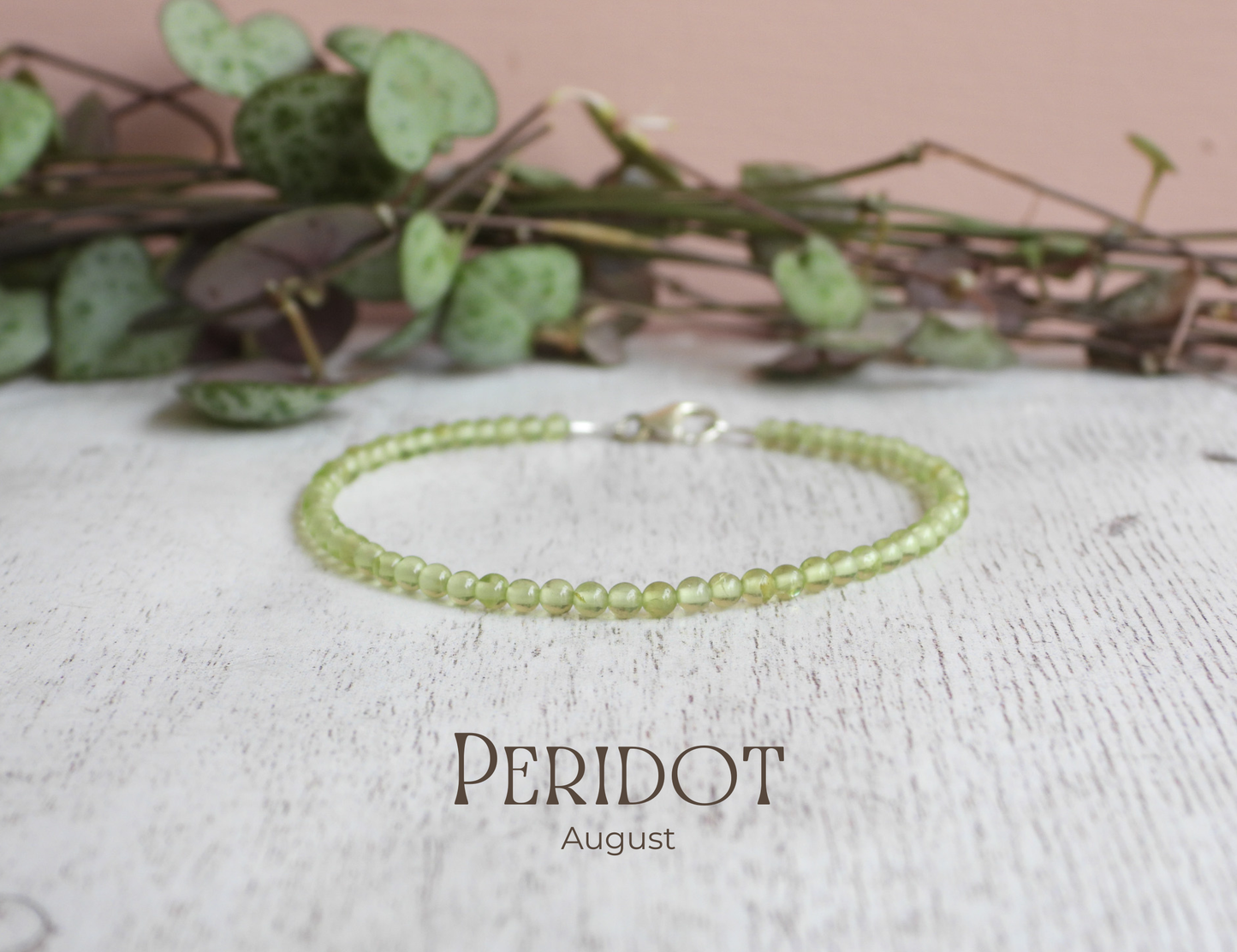 dainty peridot gemstone beaded bracelet with sterling silver clasp, August birthstone