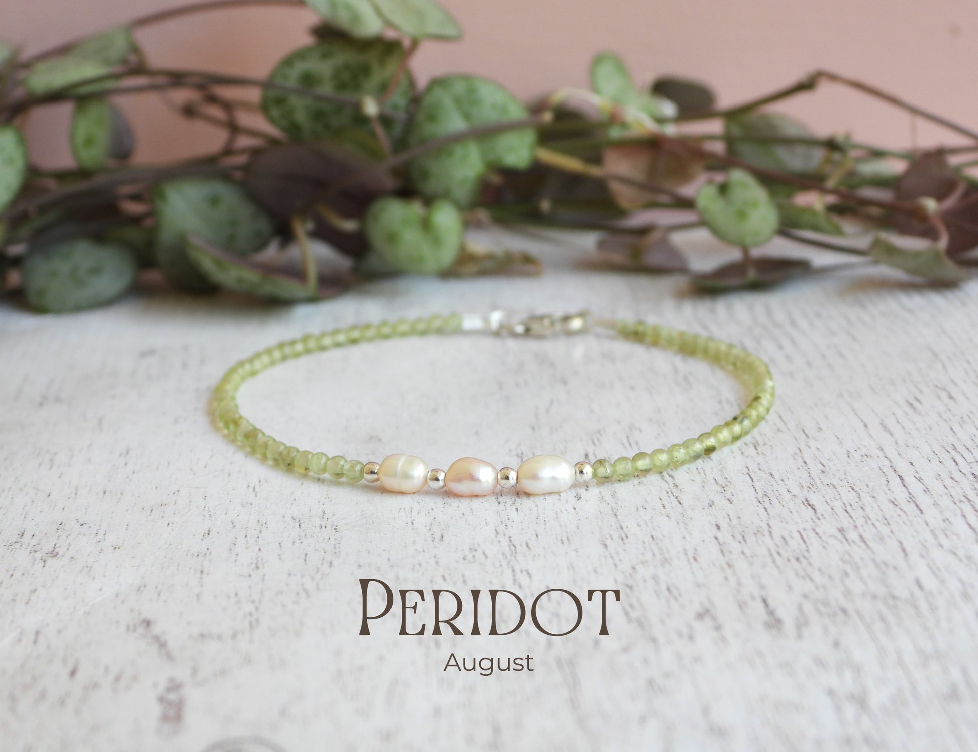 dainty peridot gemstone and pearl beaded bracelet with sterling silver clasp