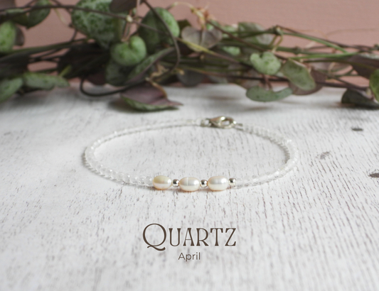 dainty quartz and freshwater pearl beaded April birthstone handmade bracelet