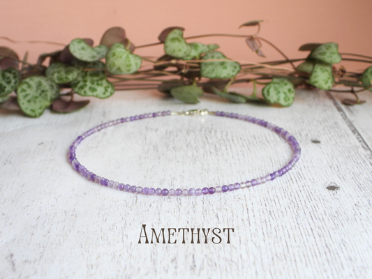 Dainty Amethyst "Sobriety" Gemstone Anklet | February Birthstone| Round Beads
