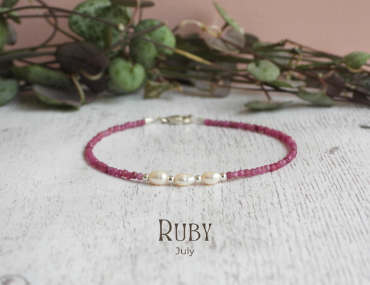 Dainty Ruby and Pearl Gemstone Bracelet | July Birthstone | Faceted Beads