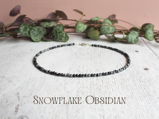 Dainty Snowflake Obsidian "Purity" Gemstone Anklet | Round Beads