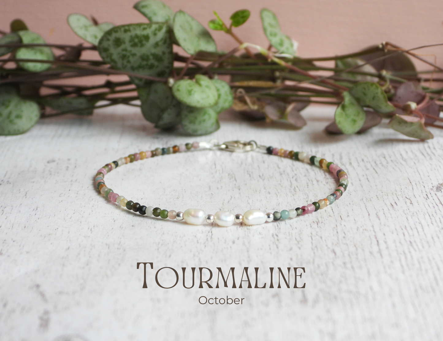 Dainty Tourmaline and Pearl Gemstone Bracelet | October Birthstone Birthstone | Round Beads