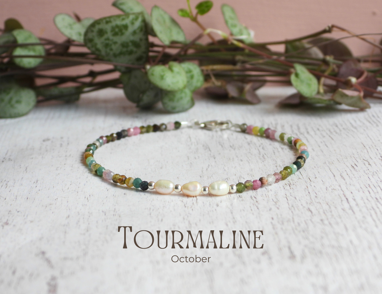 Dainty Tourmaline and Pearl Gemstone Bracelet | October Birthstone | Faceted Beads