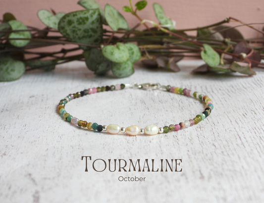 Dainty Tourmaline and Pearl Gemstone Bracelet | October Birthstone | Faceted Beads
