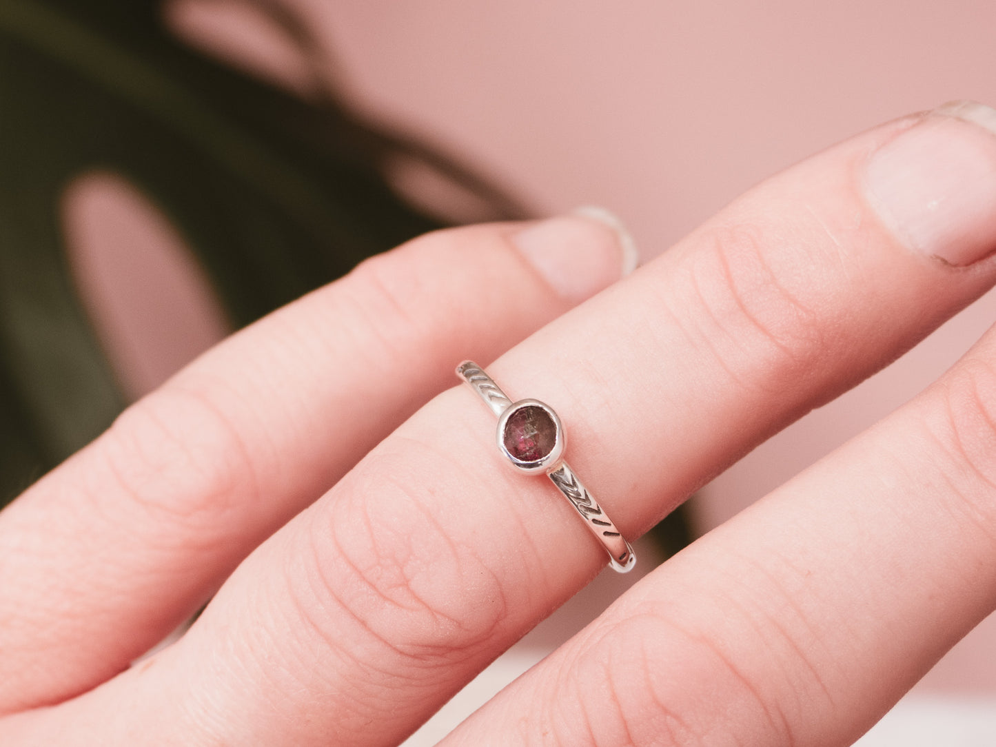 Dainty Pink Tourmaline Stacking Ring | Size L