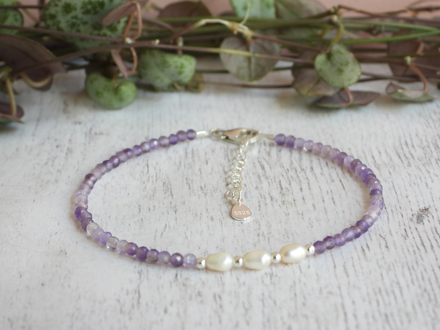 delicate freshwater pearl and amethyst beachy bracelet