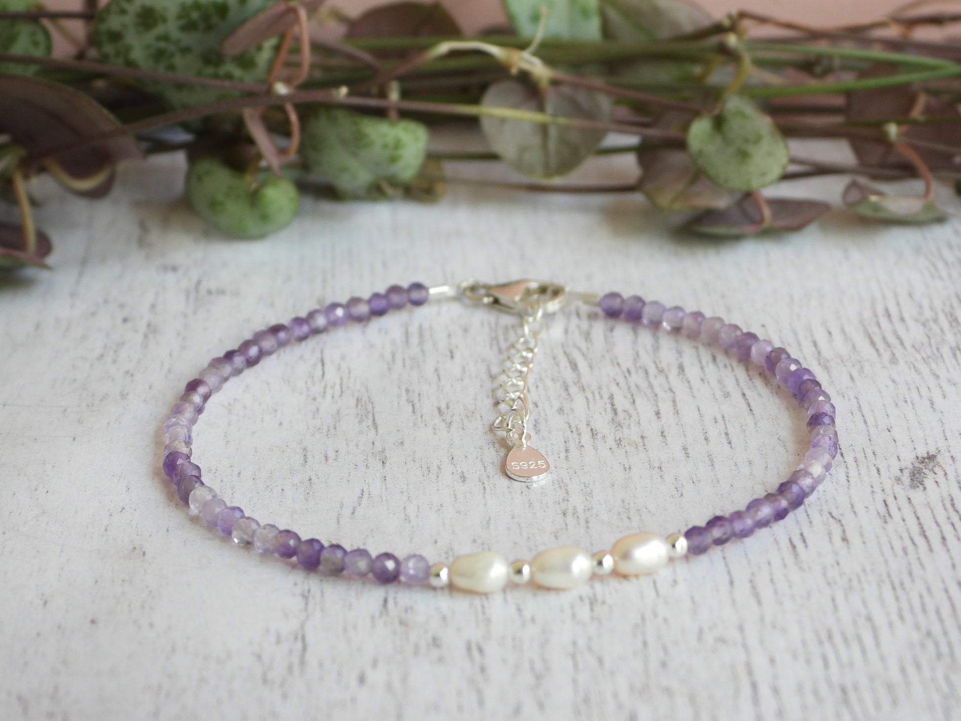 delicate freshwater pearl and amethyst beachy bracelet
