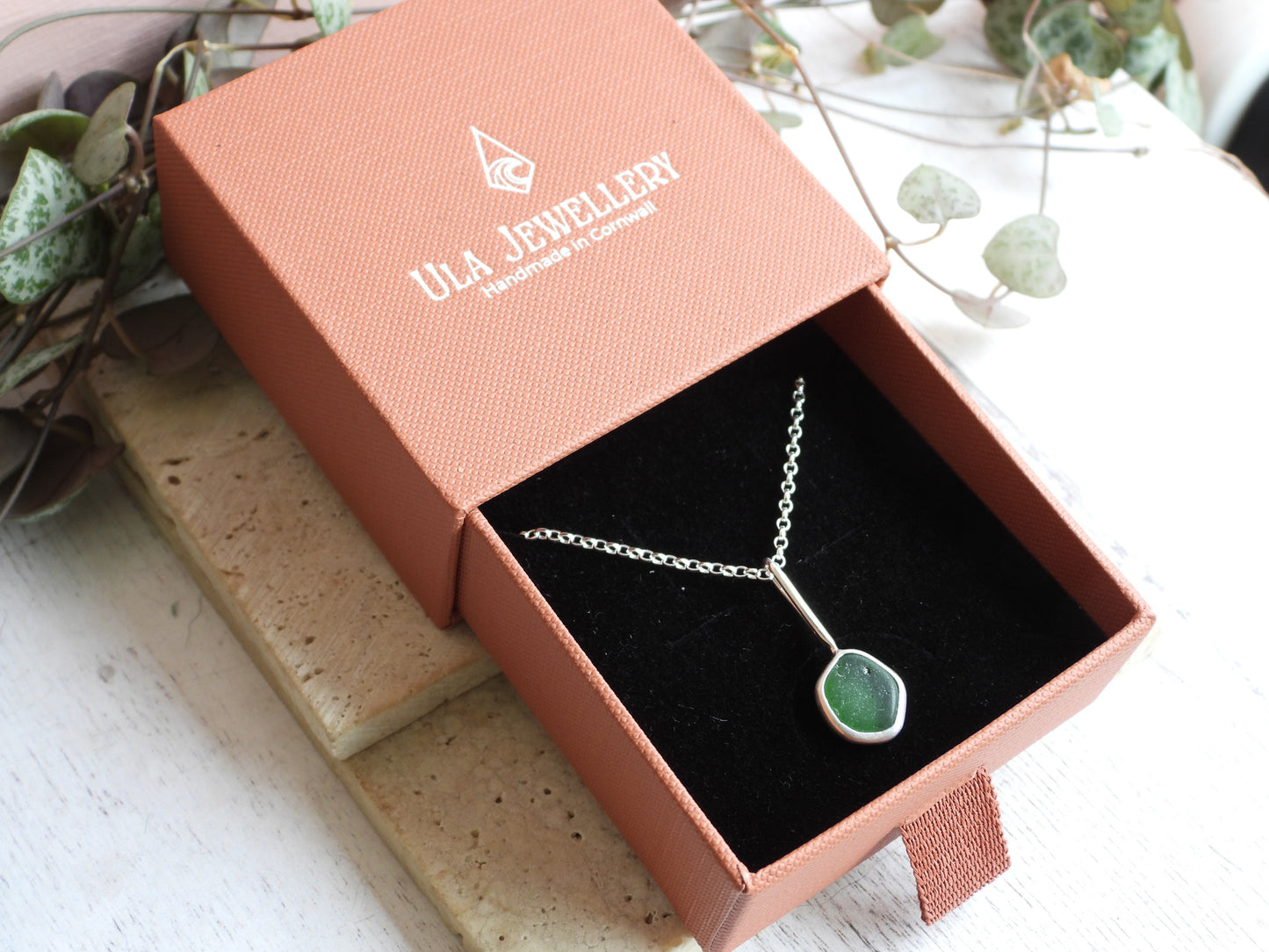 Dainty Cornish Green Sea Glass Necklace | Handmade Sterling Silver 925 | Praa Sands Beach
