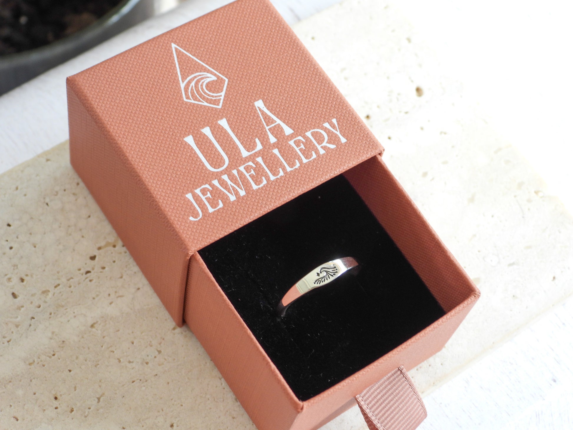 eco friendly coral gift box with sterling silver wave ring