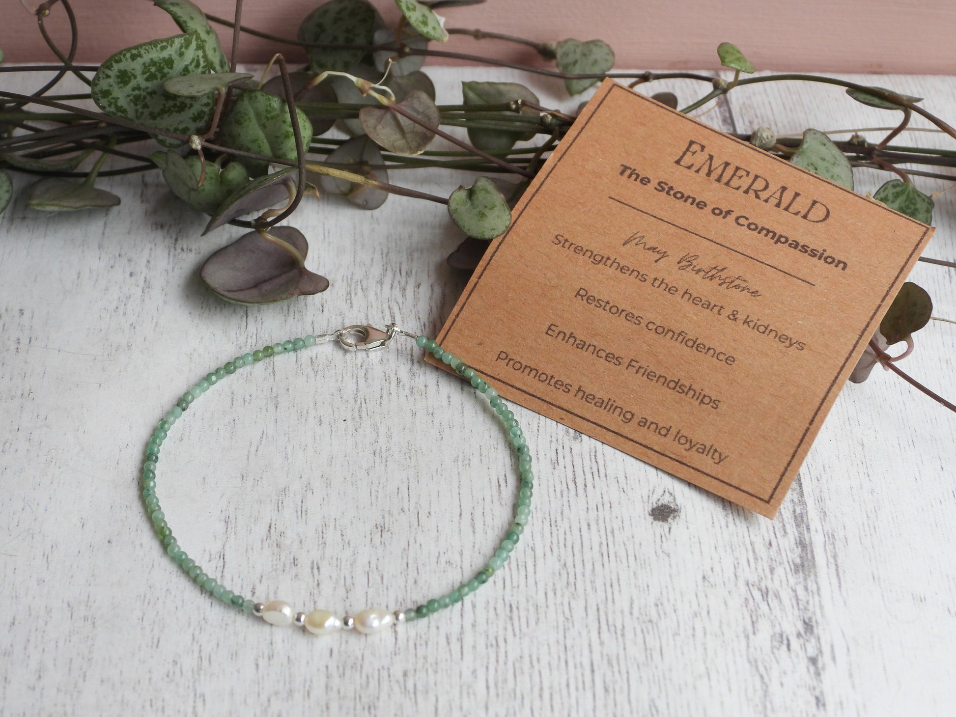 emerald, May birthstone, handmade gemstone beaded bracelet with crystal; healing properties