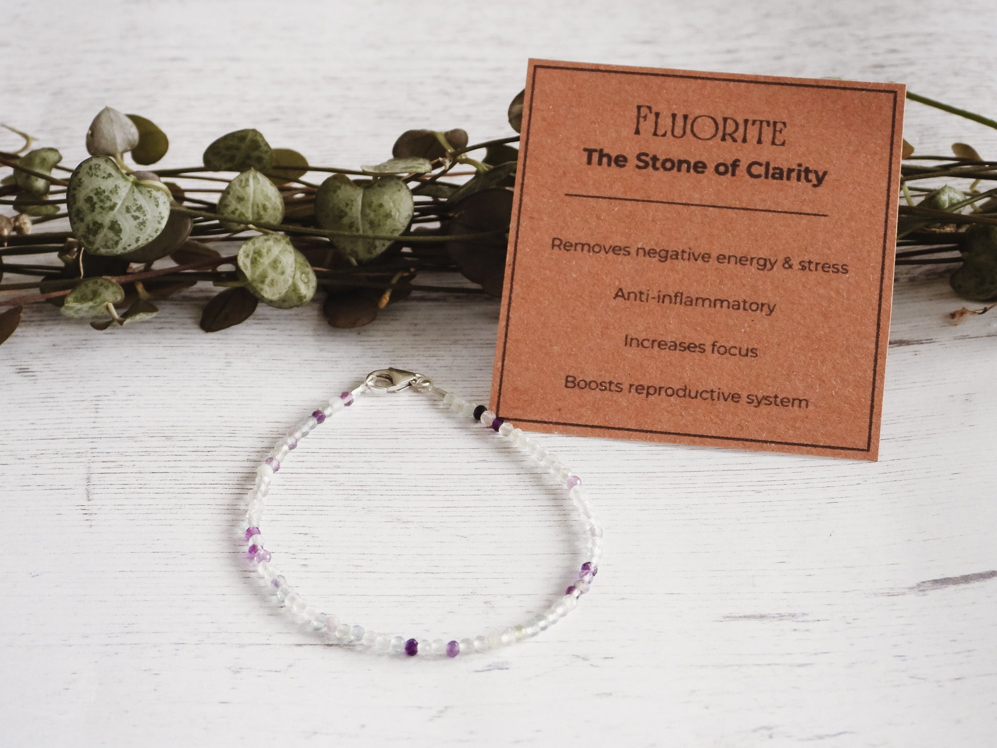 minimalist fluorite crystal healing bracelet with card