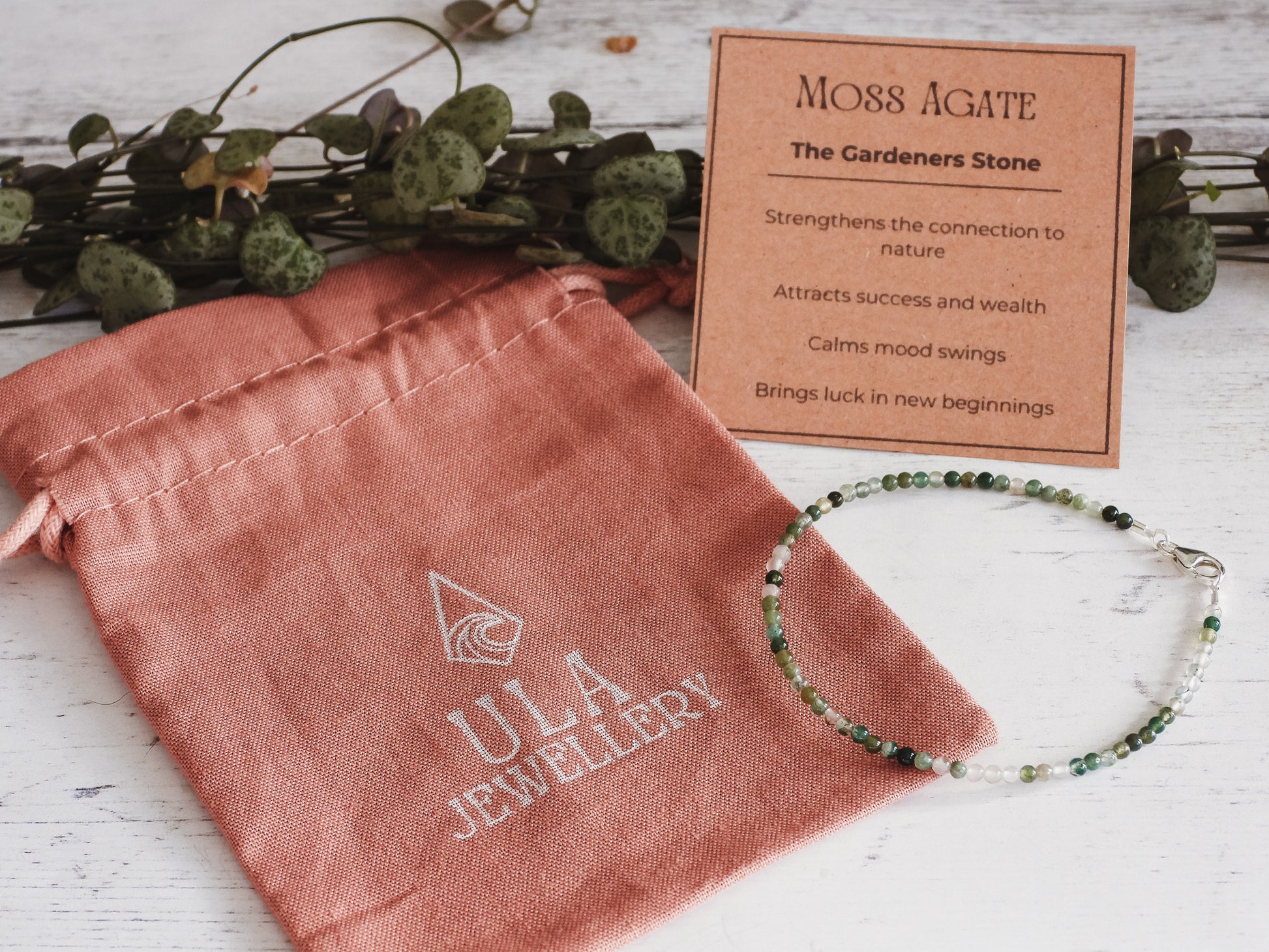 gift idea for gardener, moss agate custom beaded bracelet