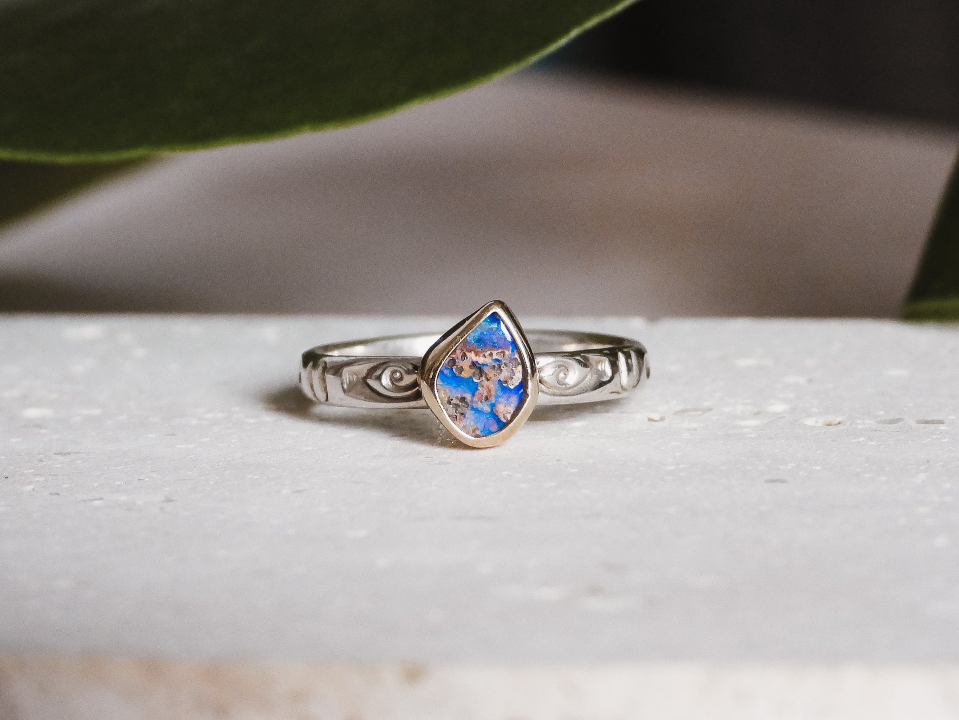 teardrop sharped purple australian boulder opal on sterling silver bohemian style band