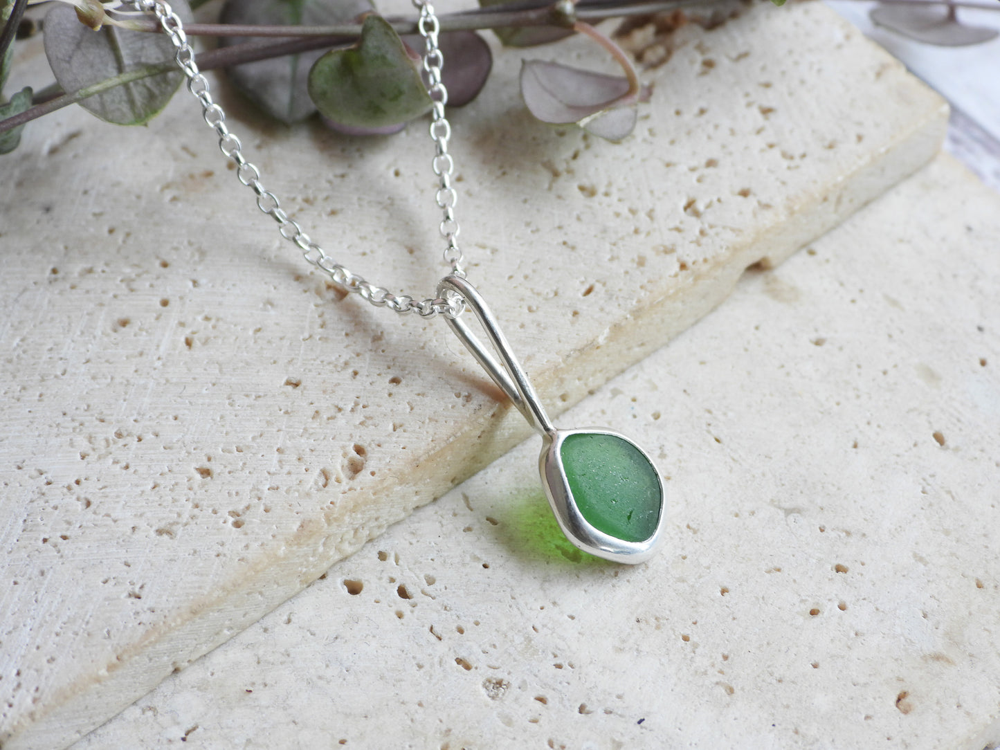 Dainty Cornish Green Sea Glass Necklace | Handmade Sterling Silver 925 | Praa Sands Beach